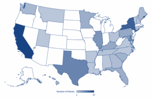 Heat map of the United States showing the number of Fellows per state, with the most served states in dark blue and states with inactive Fellows in white.