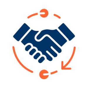Graphic of hands shaking with a symbol of a cycle surrounding them